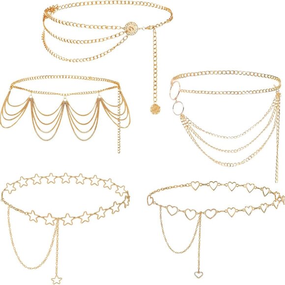 Gold Chain Belt Set 5 Pcs Waist Chain Metal Jewelry for Women Adjustable Dress - Picture 1 of 8